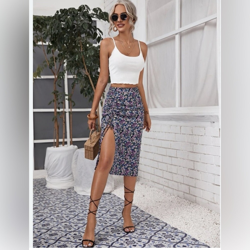 SHEIN Drawstring Ruched Floral Skirt Size XS